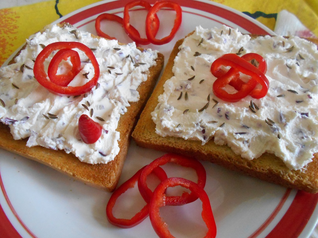 Aperitiv pasta tartinabila din branza de vaci, cu ceapa rosie si chimen